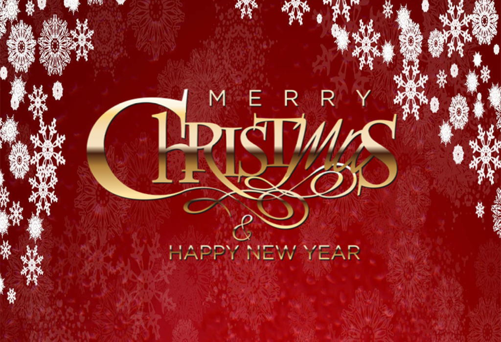Red background with snowflakes. Gold letteringL Merry Christmas and happy new year